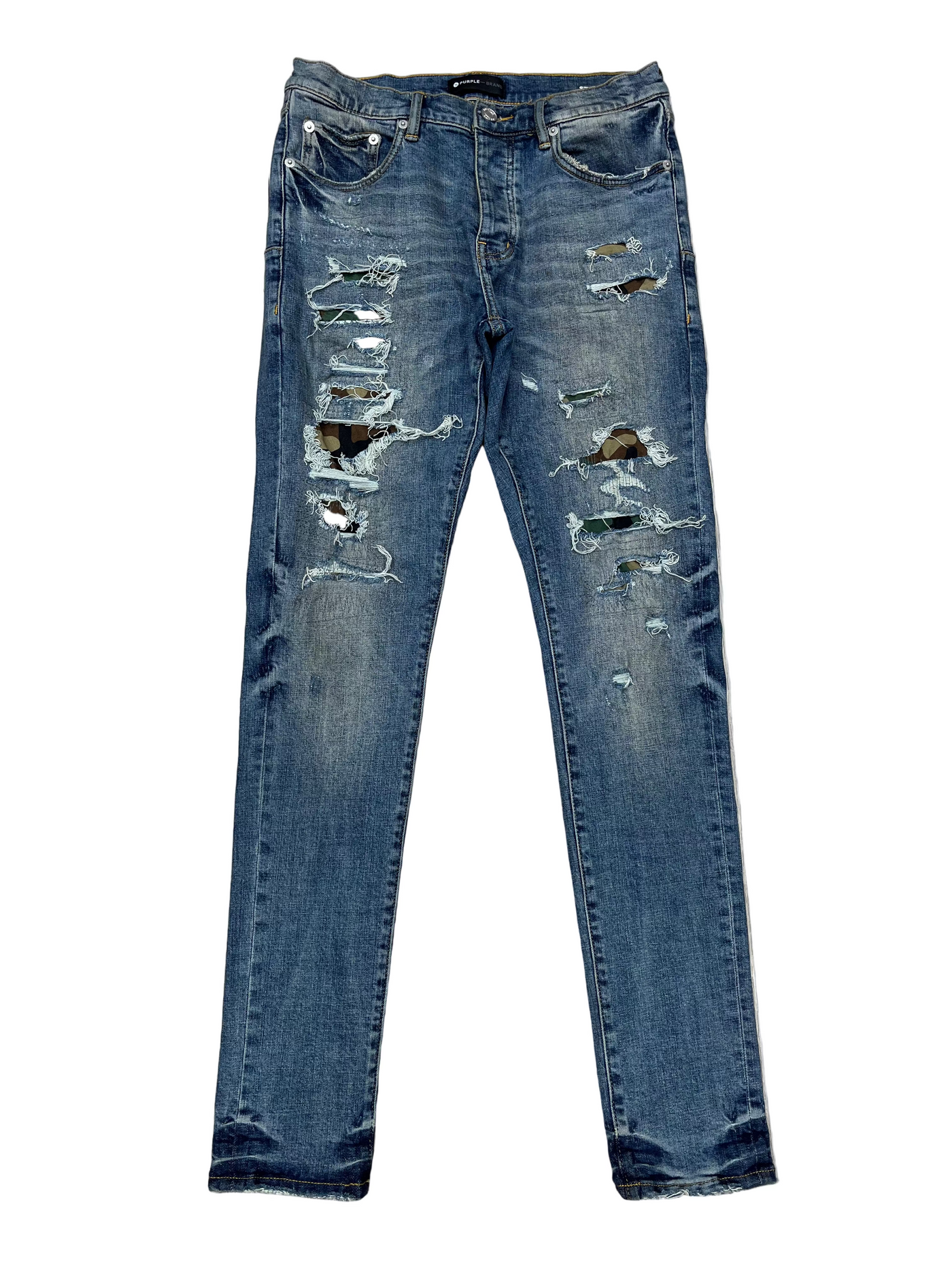 Purple Brand Distressed Camo Patch Jeans Blue