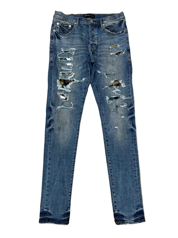 Purple Brand Distressed Camo Patch Jeans Blue