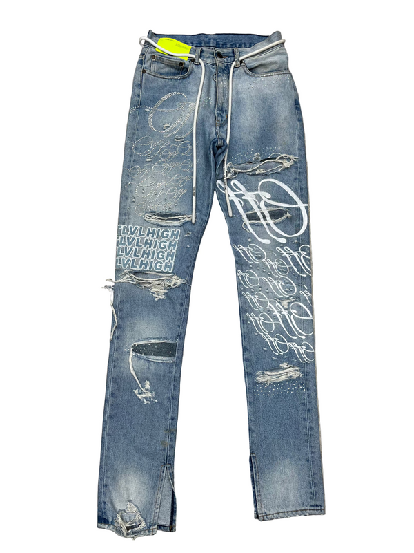 Off White X MRDR Bravado Crystal Distressed Jeans Blue
