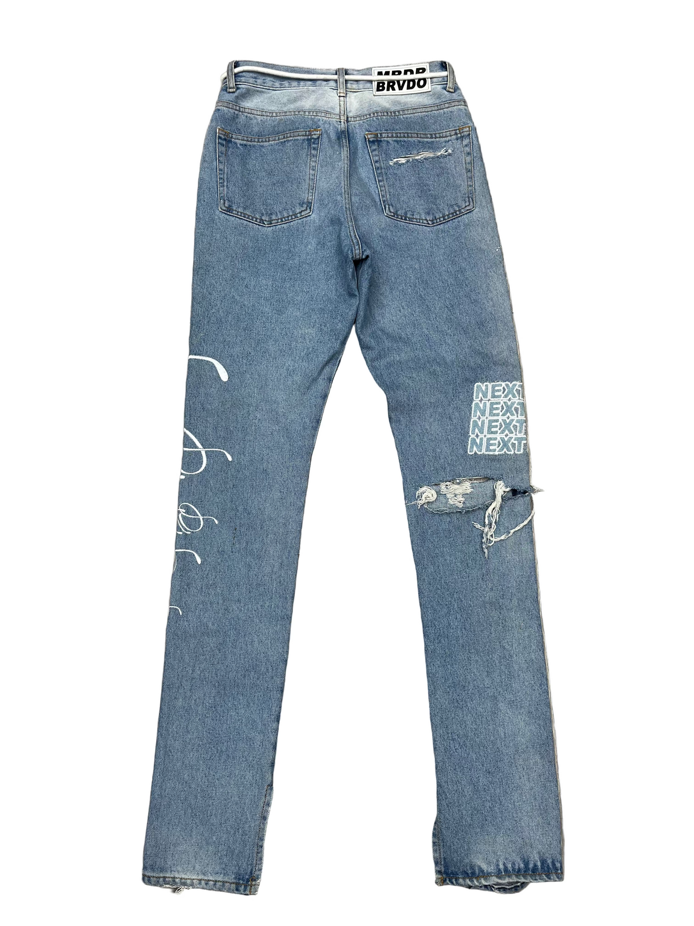 Off White X MRDR Bravado Crystal Distressed Jeans Blue