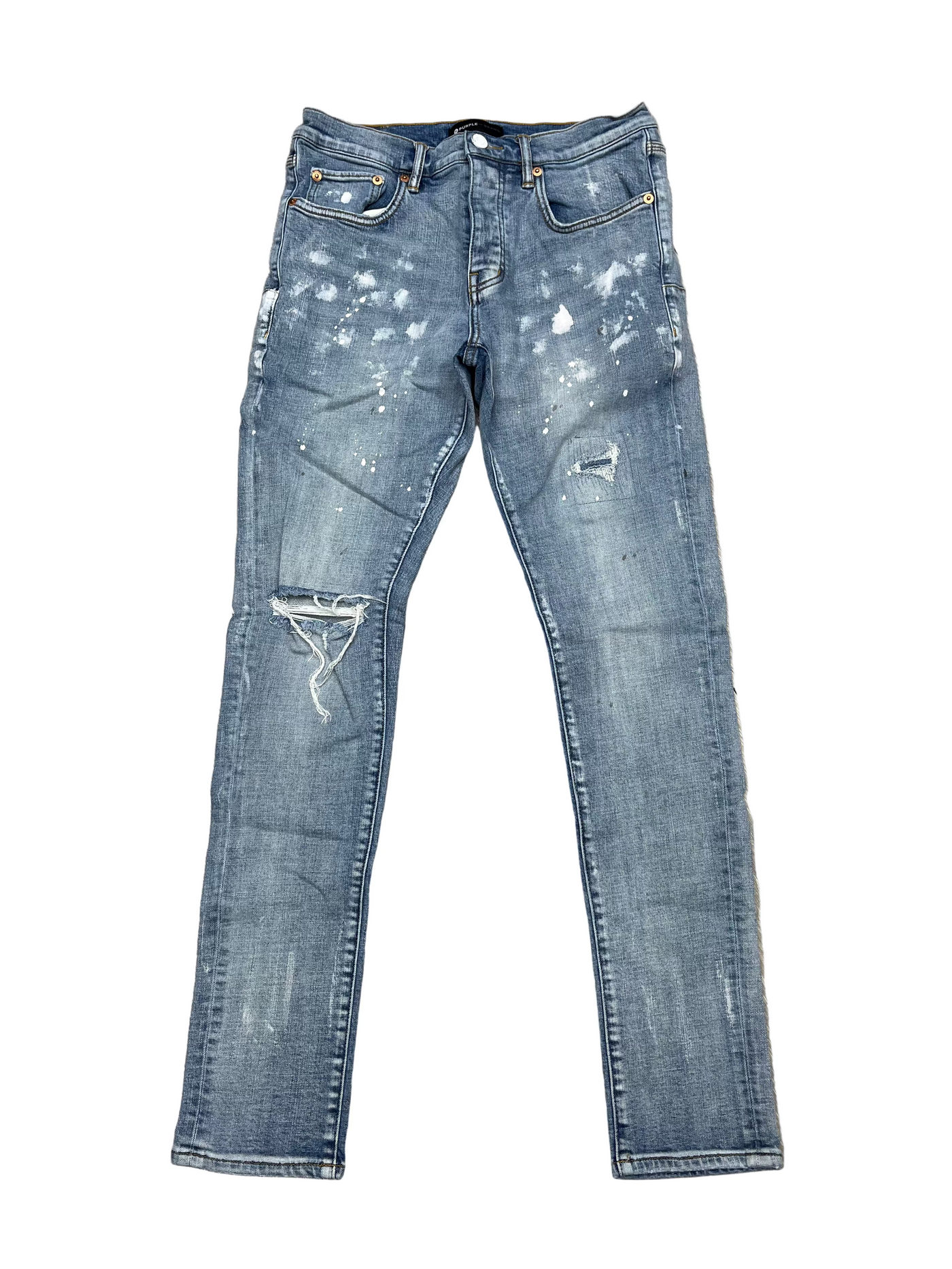 Purple Brand Knee Slit Paint Splatter Jeans Light Blue