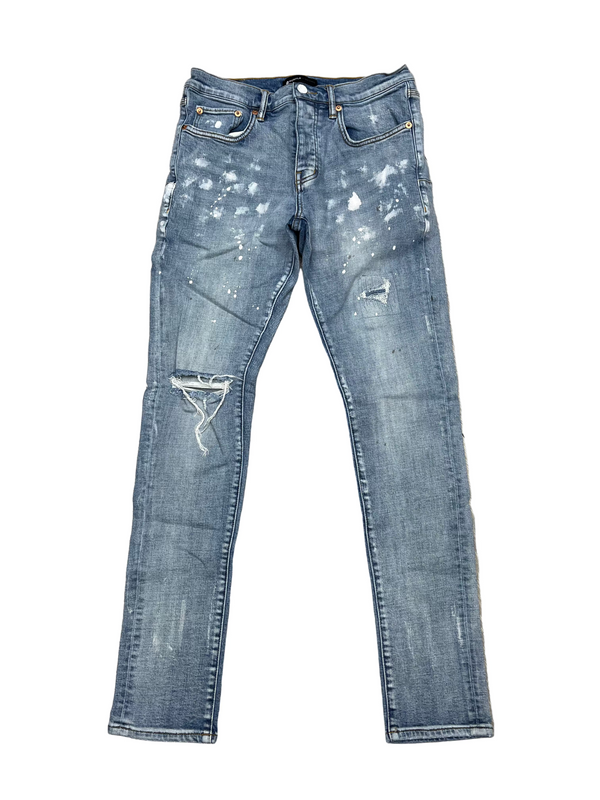 Purple Brand Knee Slit Paint Splatter Jeans Light Blue