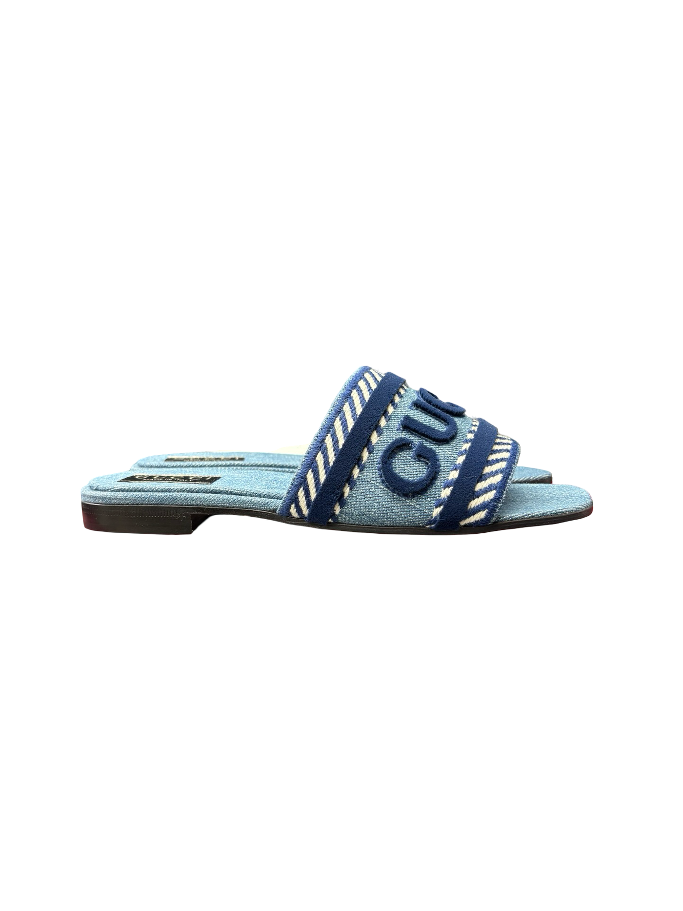 Gucci Jane Light Blue Denim Velvet Logo Mule Flat Slip On Sandal