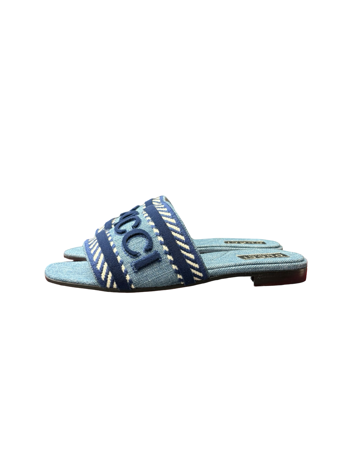 Gucci Jane Light Blue Denim Velvet Logo Mule Flat Slip On Sandal