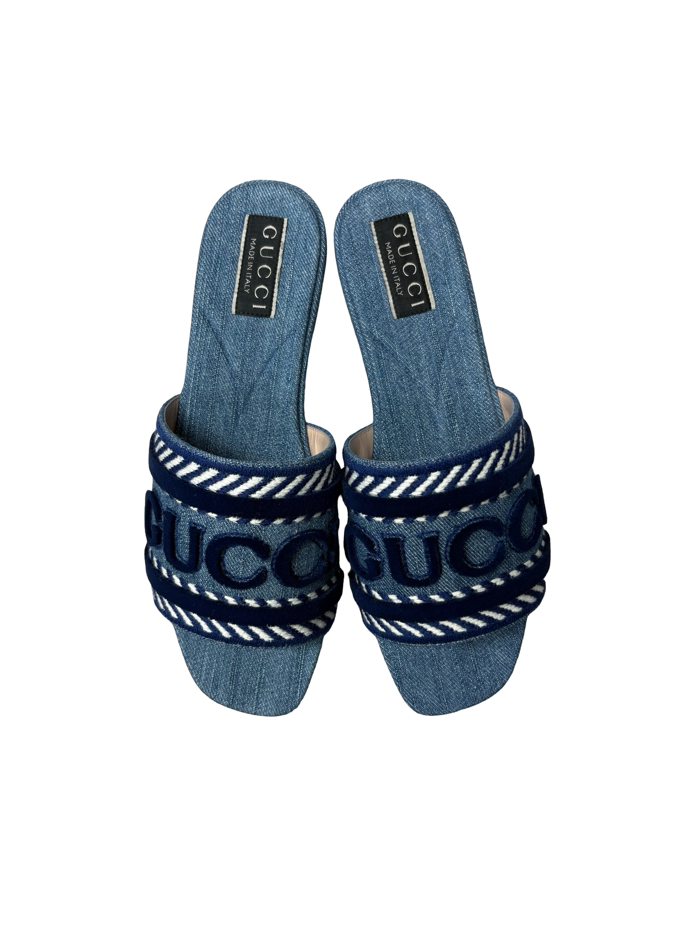 Gucci Jane Light Blue Denim Velvet Logo Mule Flat Slip On Sandal