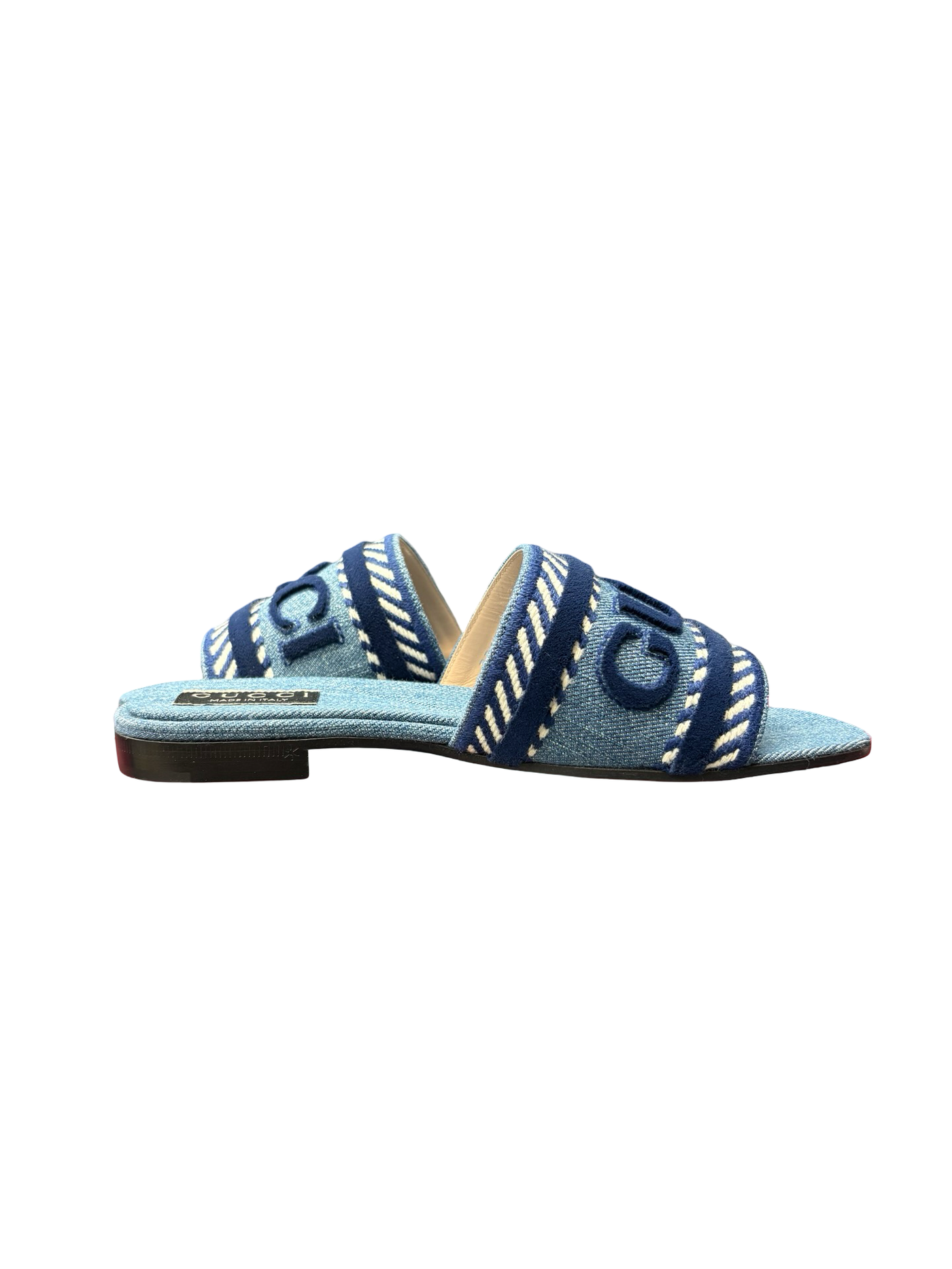 Gucci Jane Light Blue Denim Velvet Logo Mule Flat Slip On Sandal