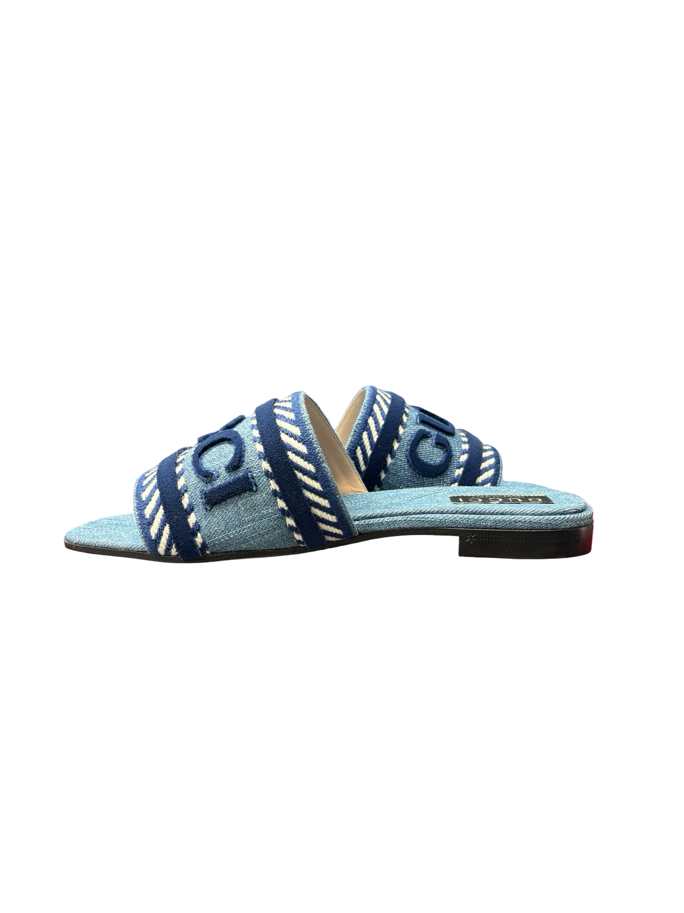 Gucci Jane Light Blue Denim Velvet Logo Mule Flat Slip On Sandal