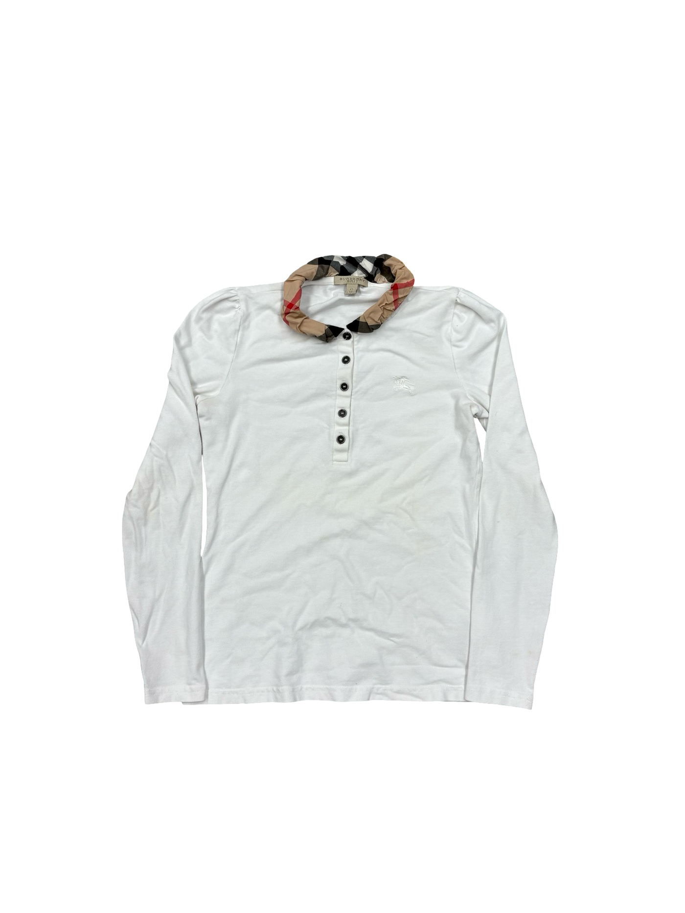 Burberry Long-Sleeve Nova Check Print Ruffled Collar Shirt White