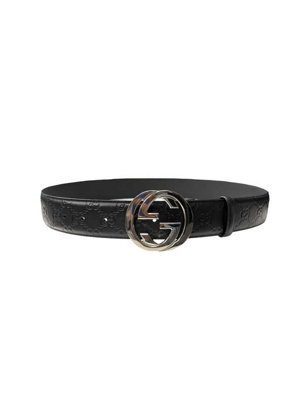 Gucci Signature Leather Belt With Palladium-Toned Interlocking G Buckle Black
