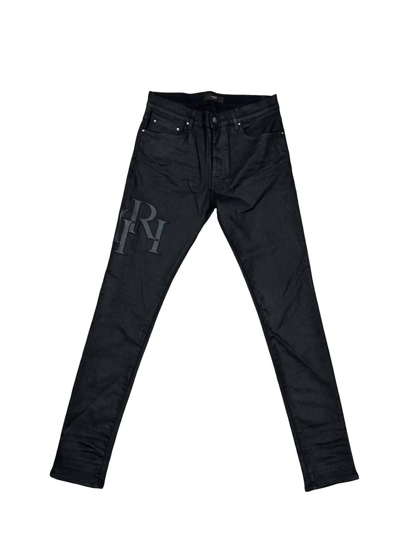 Amiri Men's Staggered Logo Waxed Skinny Jeans Black
