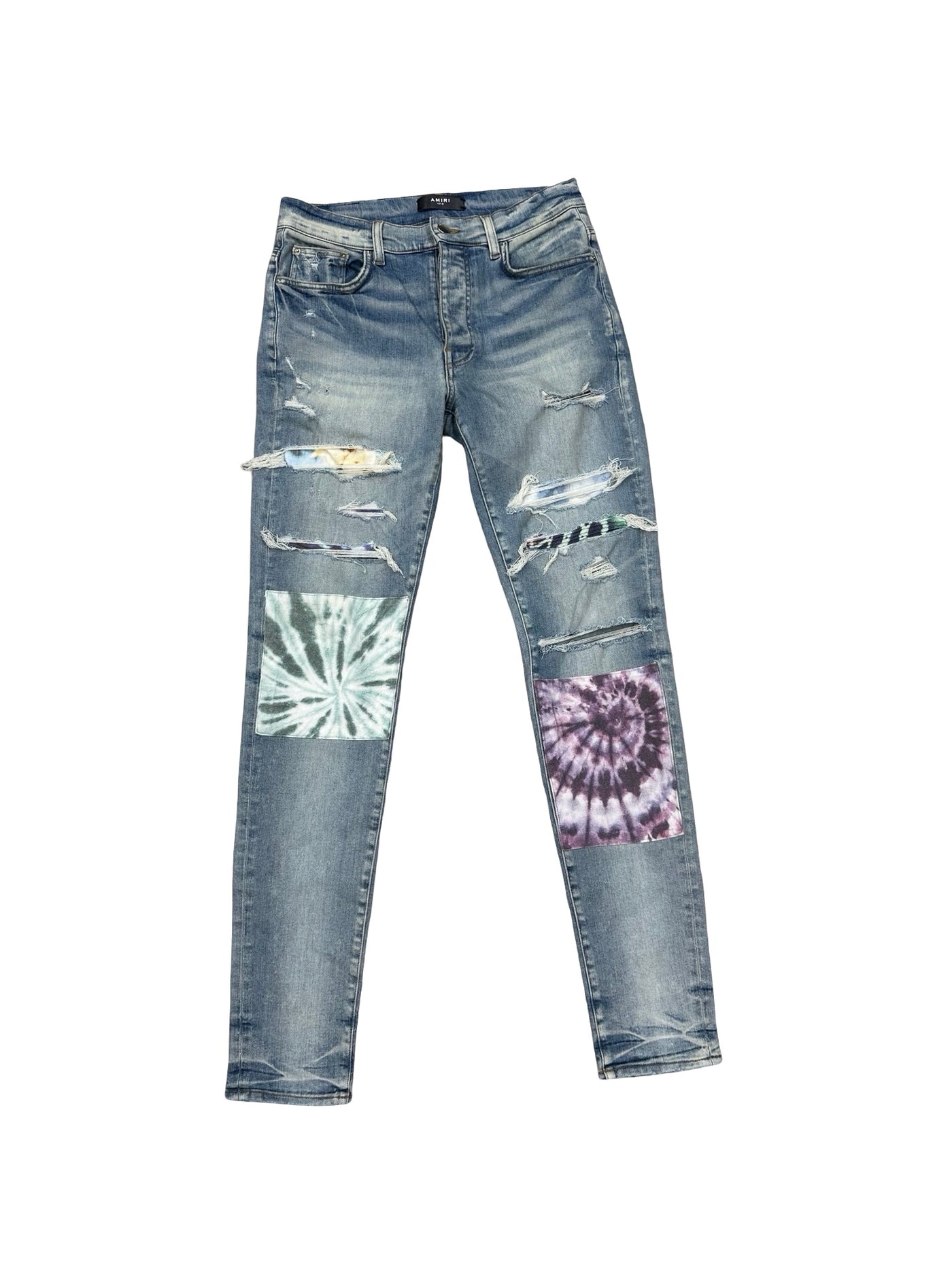 Amiri Tie Dye Art Patch Skinny Stretch Distressed Jeans Pants Indigo Bluer