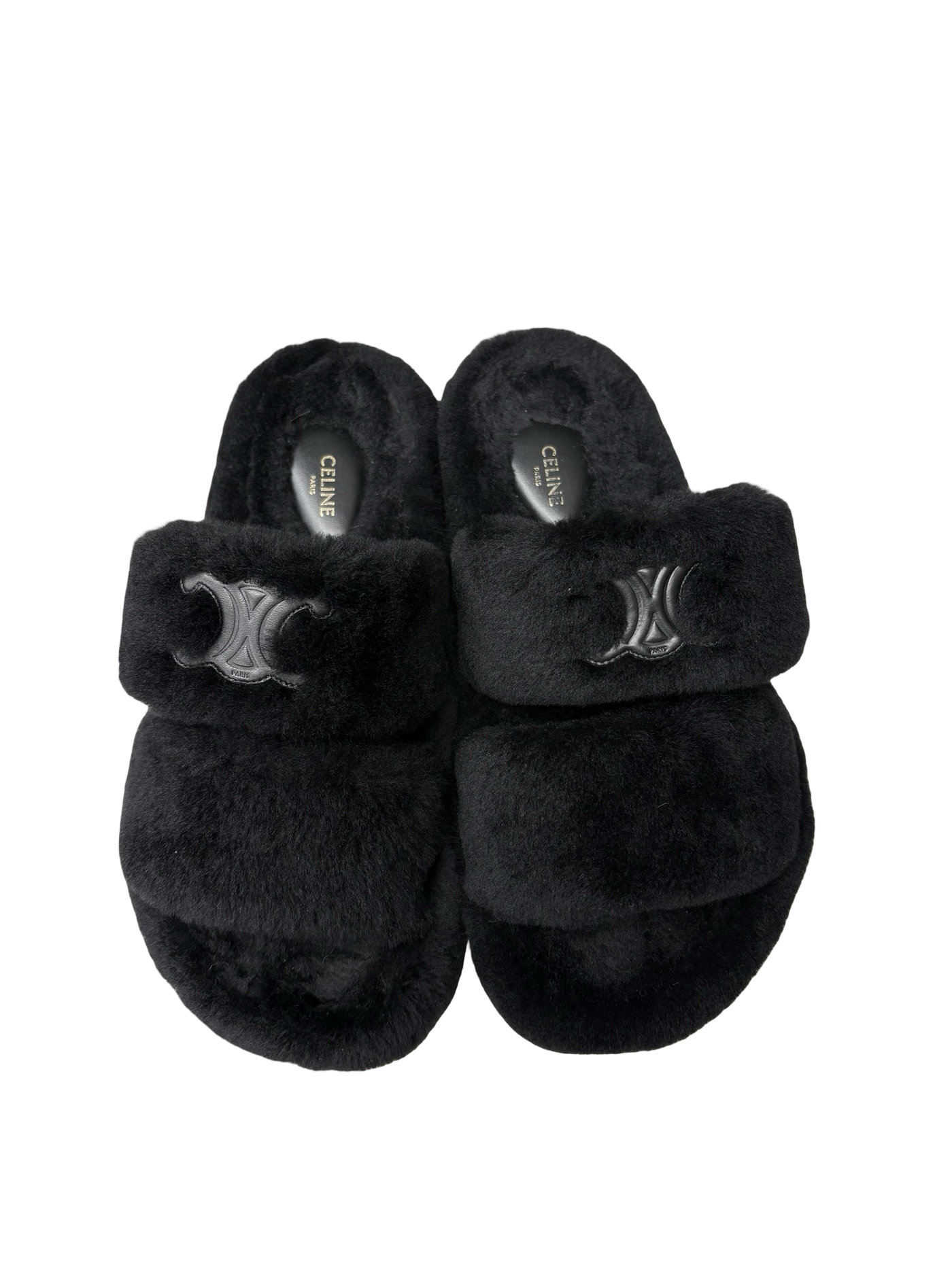 Celine Paris Triomphe Shearling Slides Black