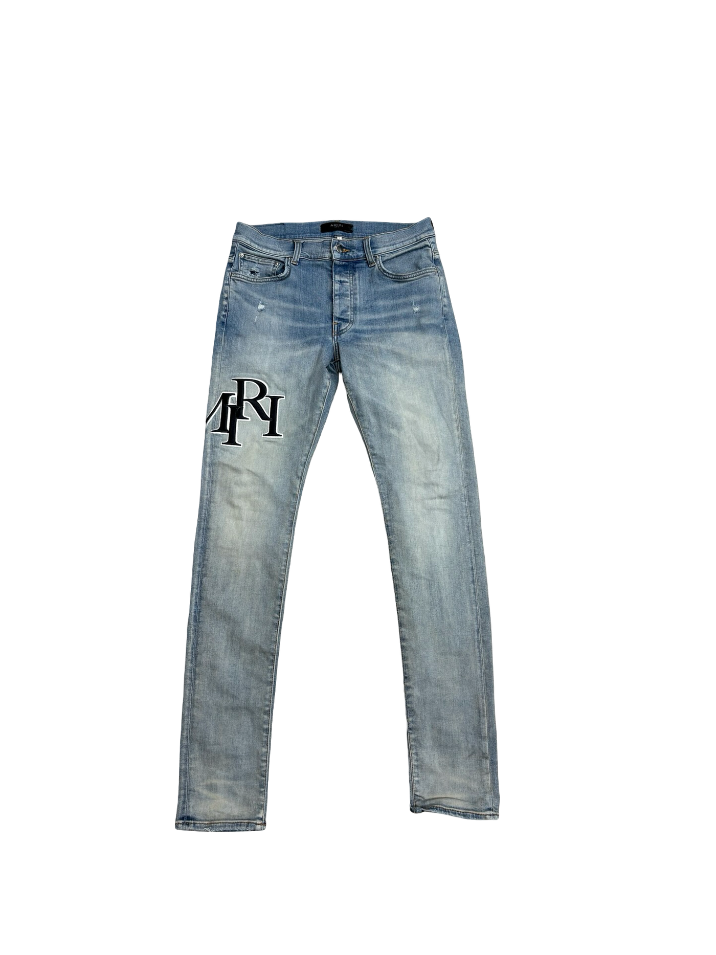 Amiri Staggered Logo Skinny Jeans Light Blue