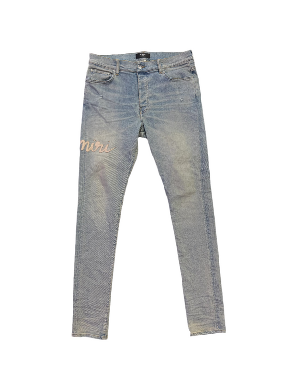 Amiri Light Wash Cream Side Logo Jeans Blue