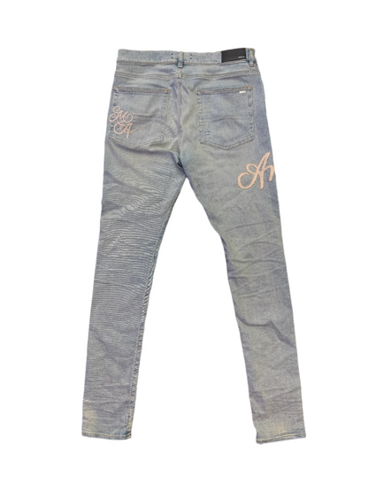 Amiri Light Wash Cream Side Logo Jeans Blue