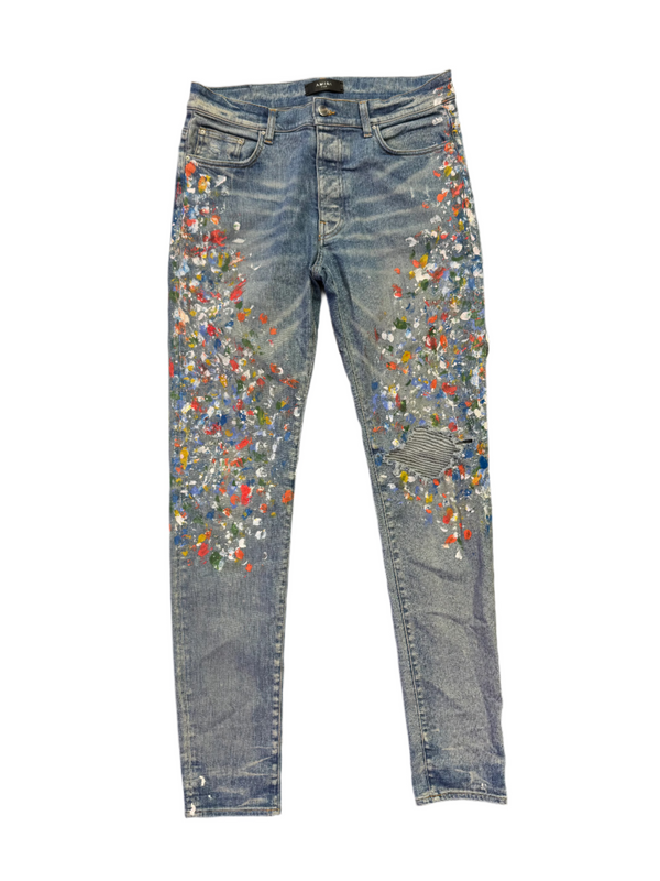 Amiri Paint Splatter Thrasher Jeans Blue