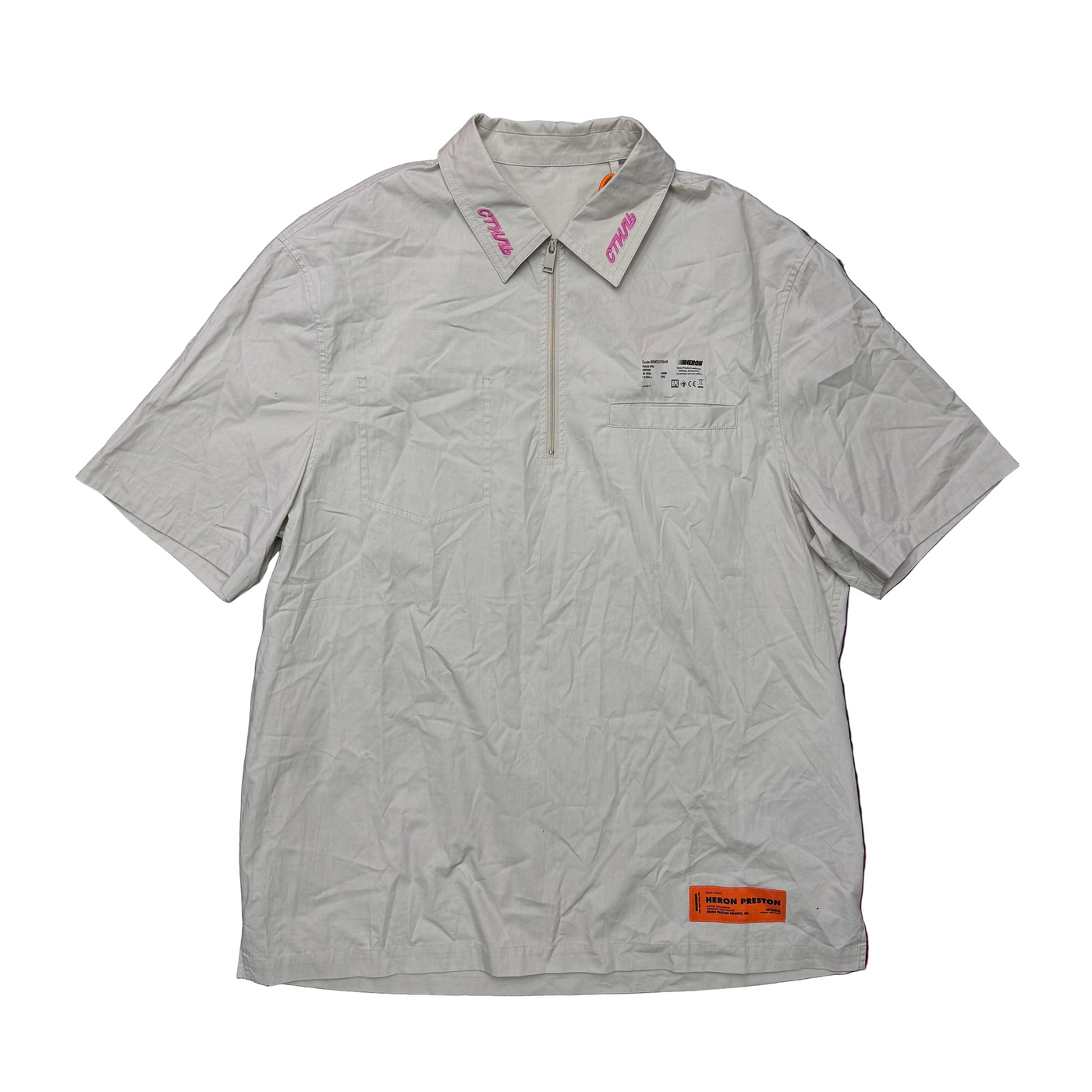 Heron Preston Oversized Embroidered Half Zip Shirt Beige