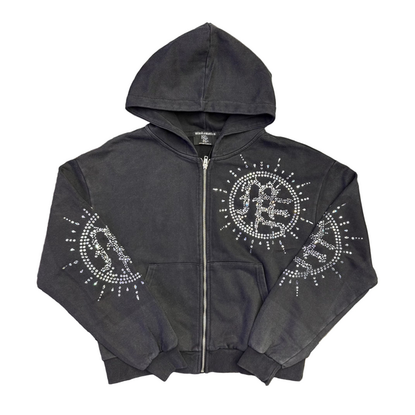 Mixed Emotions Eclipse Rhinestone Hoodie Grey Acid Wash