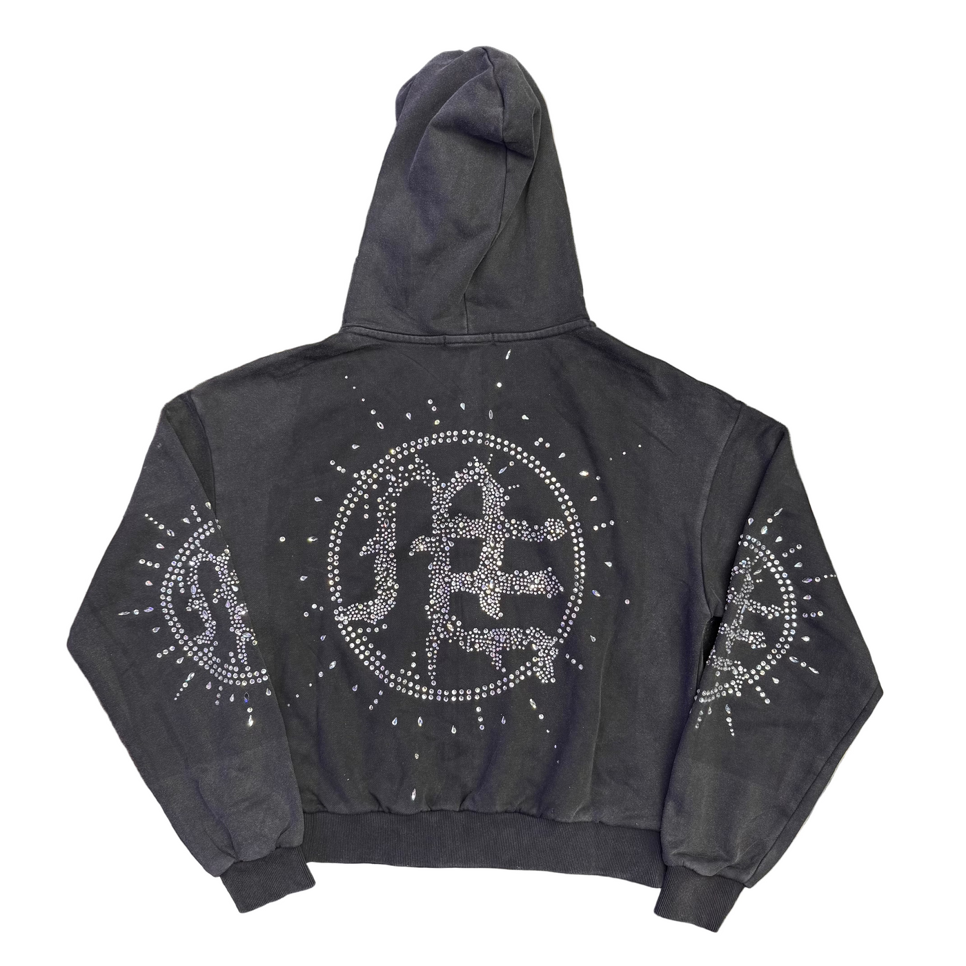 Mixed Emotions Eclipse Rhinestone Hoodie Grey Acid Wash