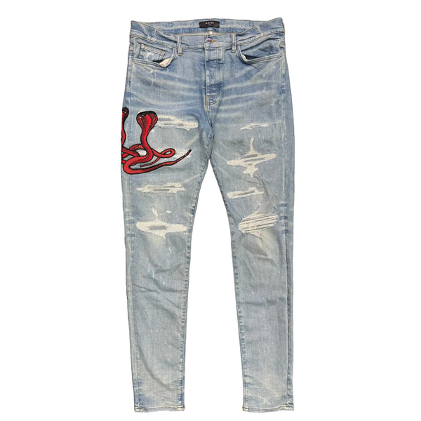 Amiri Red Snake Appliqué Jeans Blue