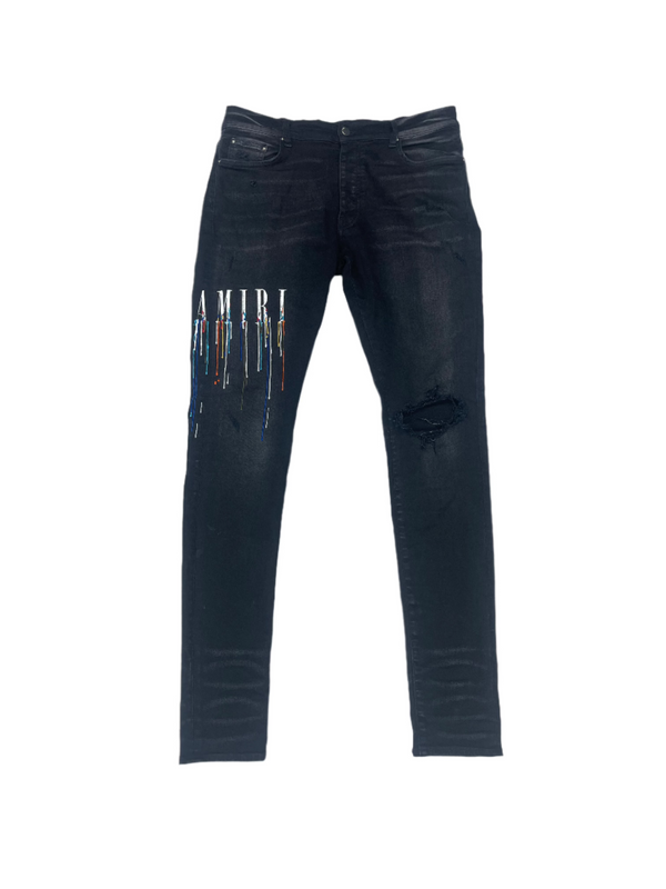 Amiri Paint Drip Logo Aged Jeans Black