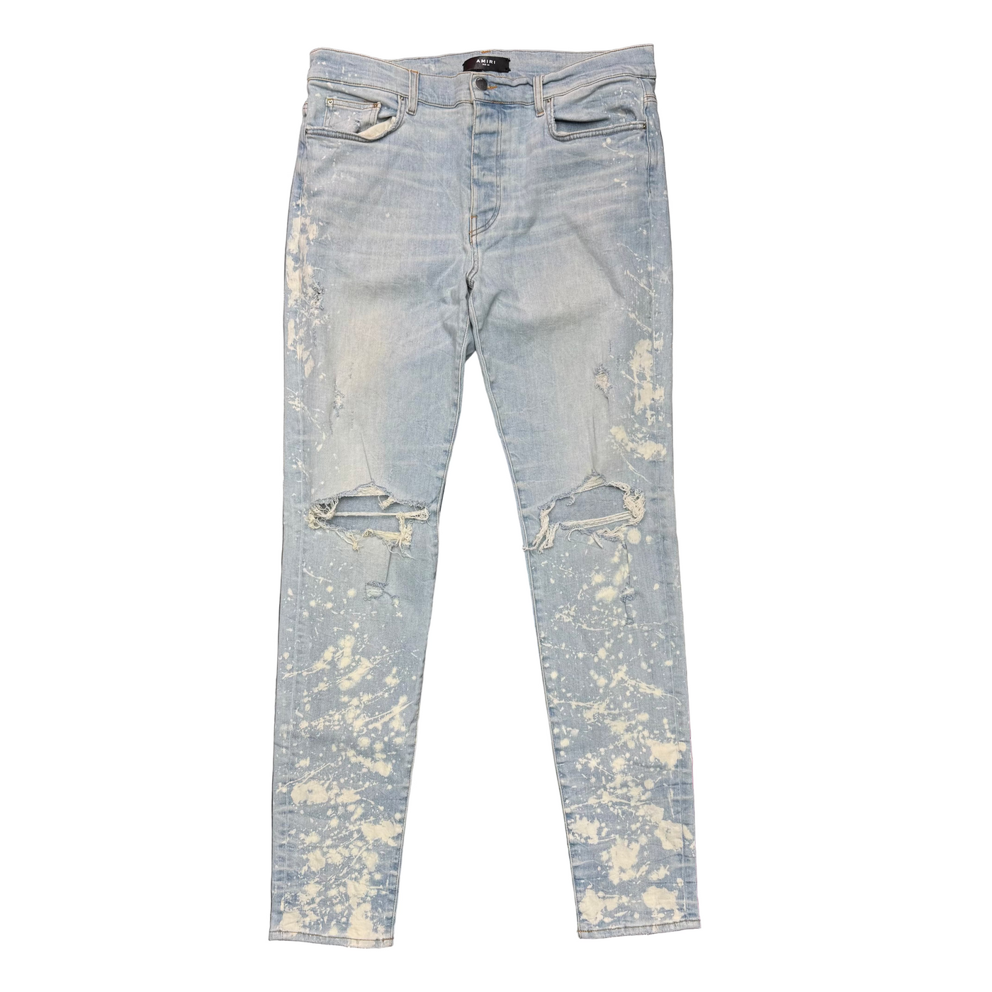 Amiri Bleach Splatter Thrasher Jeans Light Wash Blue