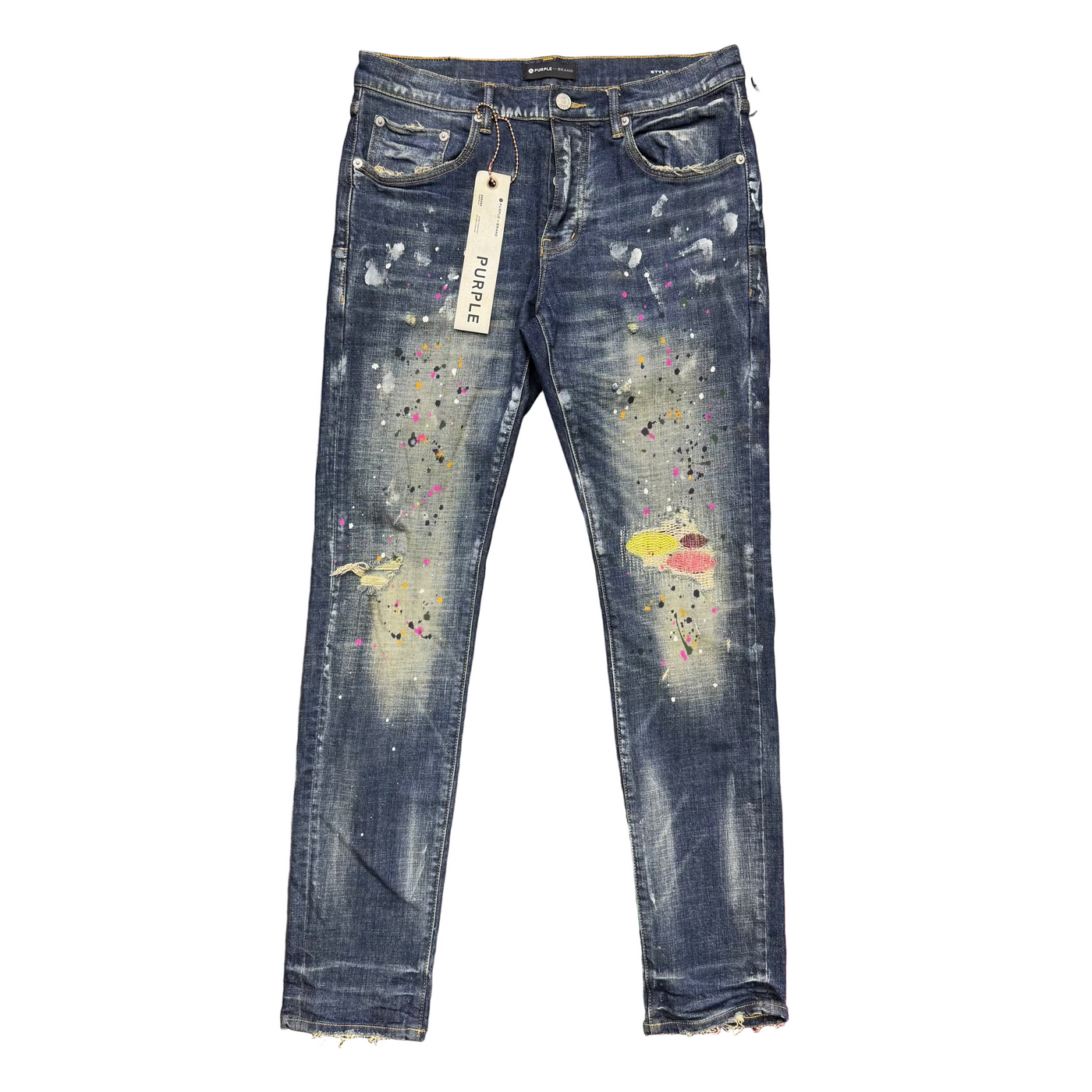 Purple Brand P001 Paint Splatter Distressed Jeans Blue