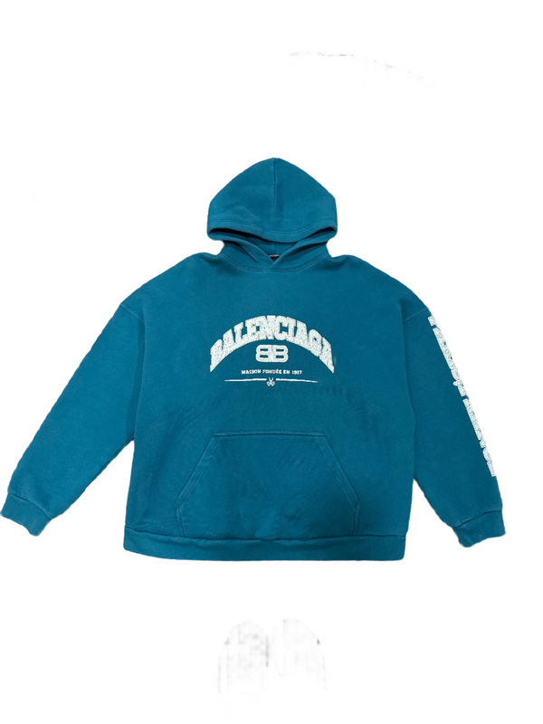Balenciaga Logo Print Petrol Blue Hoodie