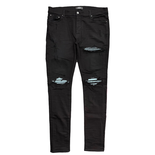 Amiri MX1 Ultrasuede Repaired Stretch Denim Jeans Black