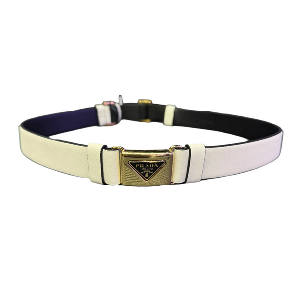 Prada Enameled Metal Triangle Logo Leather Belt White