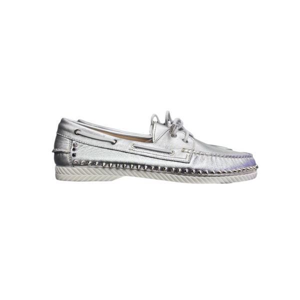 Christian Louboutin Spike Accents Leather Boat Shoes Metallic Silver