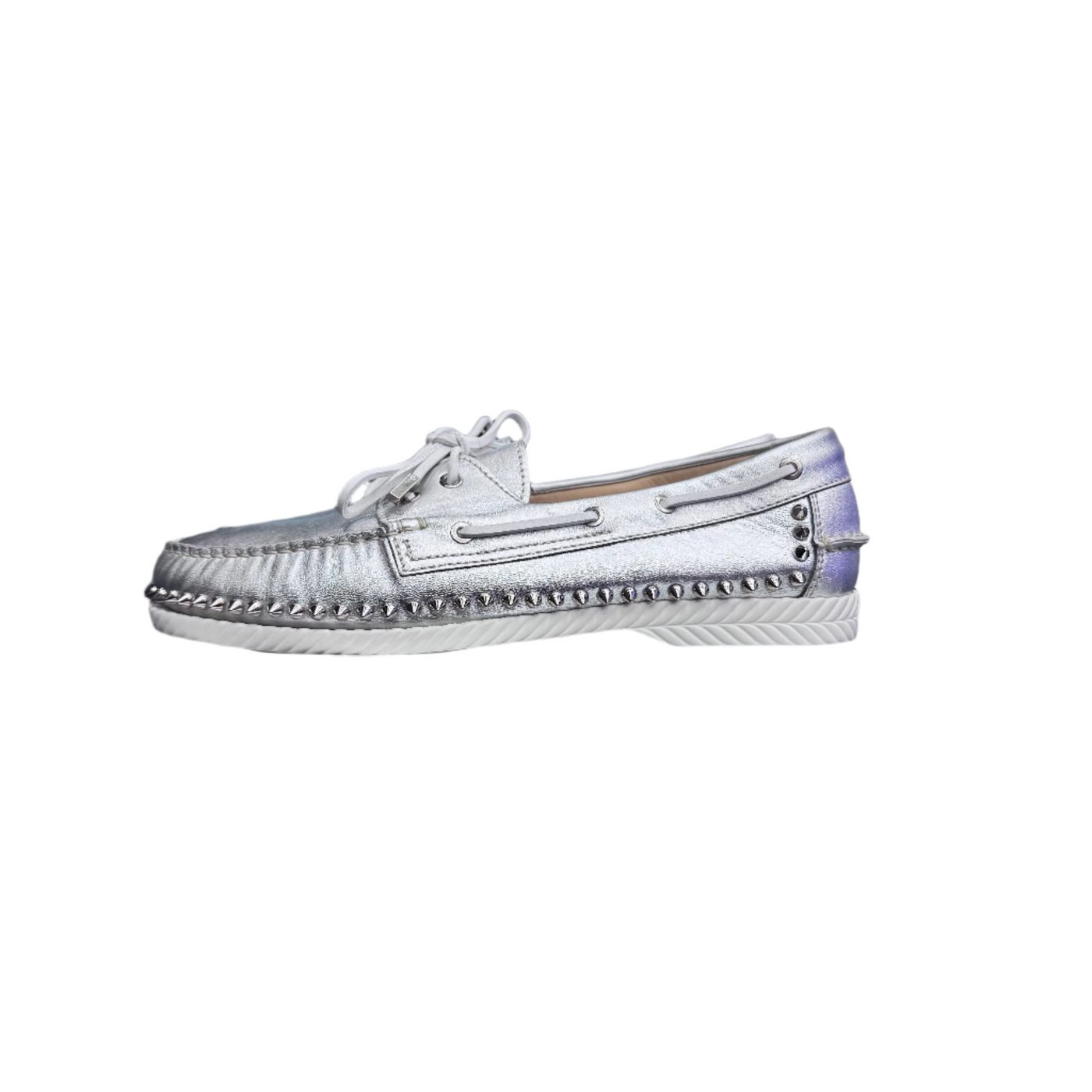 Christian Louboutin Spike Accents Leather Boat Shoes Metallic Silver