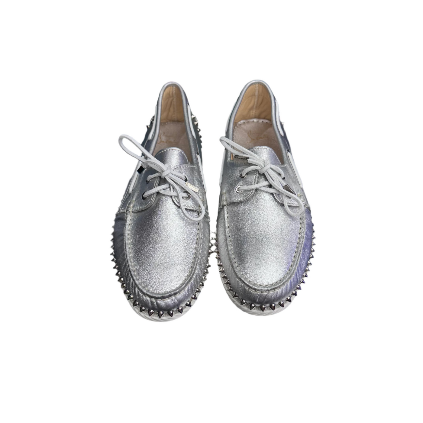 Christian Louboutin Spike Accents Leather Boat Shoes Metallic Silver