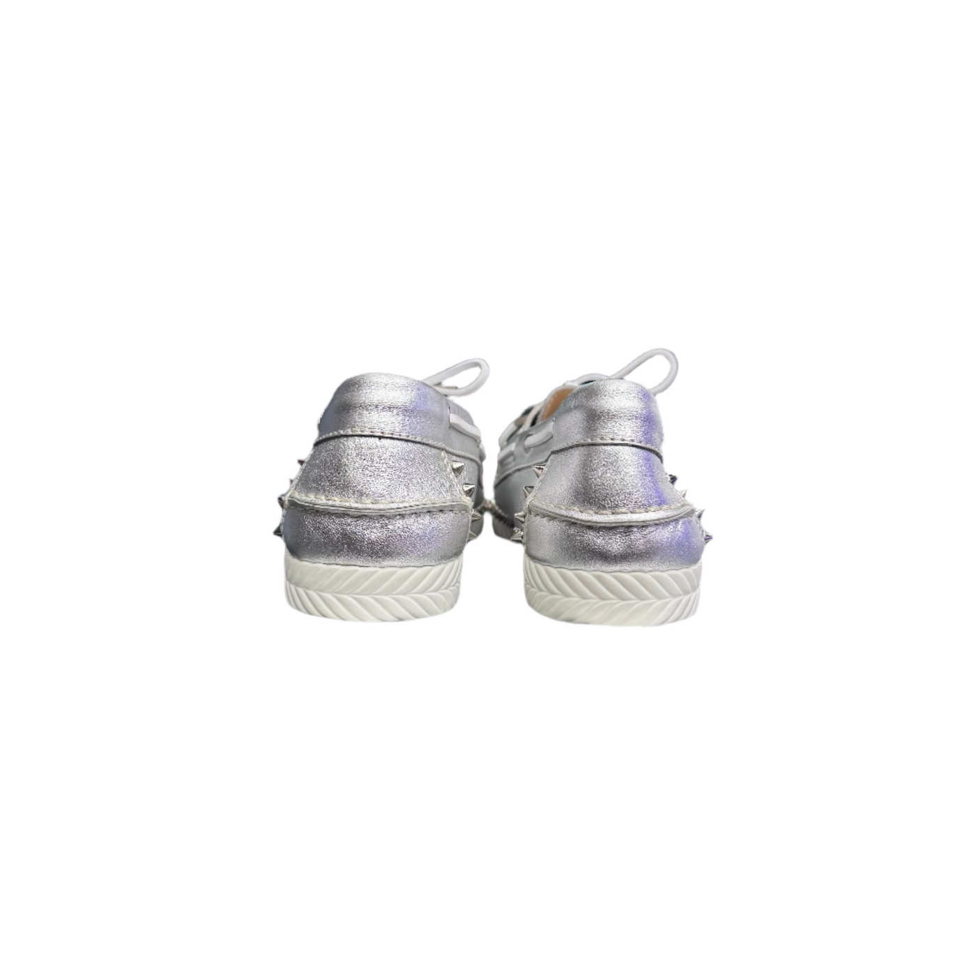 Christian Louboutin Spike Accents Leather Boat Shoes Metallic Silver