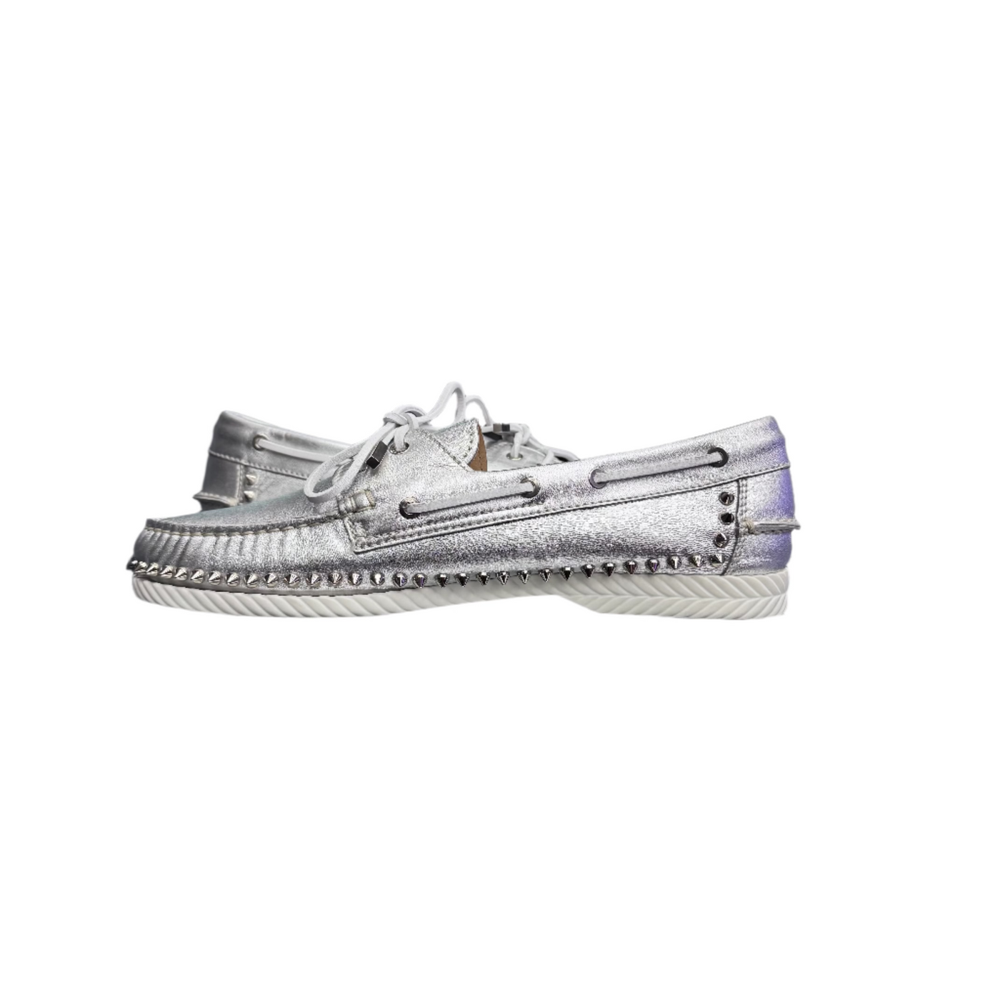 Christian Louboutin Spike Accents Leather Boat Shoes Metallic Silver