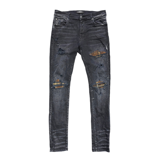 Amiri MX1 Brown Plaid Patch Jeans Black
