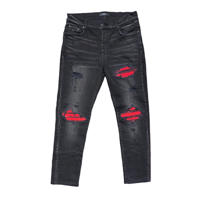 Amiri MX1 Red Ultra Suede Patch Jeans Aged Black (Tailored)