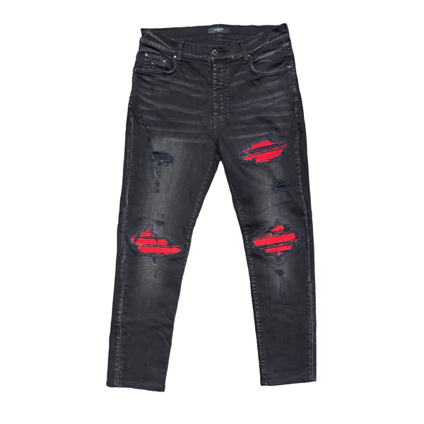 Amiri MX1 Red Ultra Suede Patch Jeans Aged Black (Tailored)
