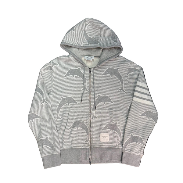 Thom Browne Dolphin Jacquard 4 Bar Zip Hoodie Light Grey