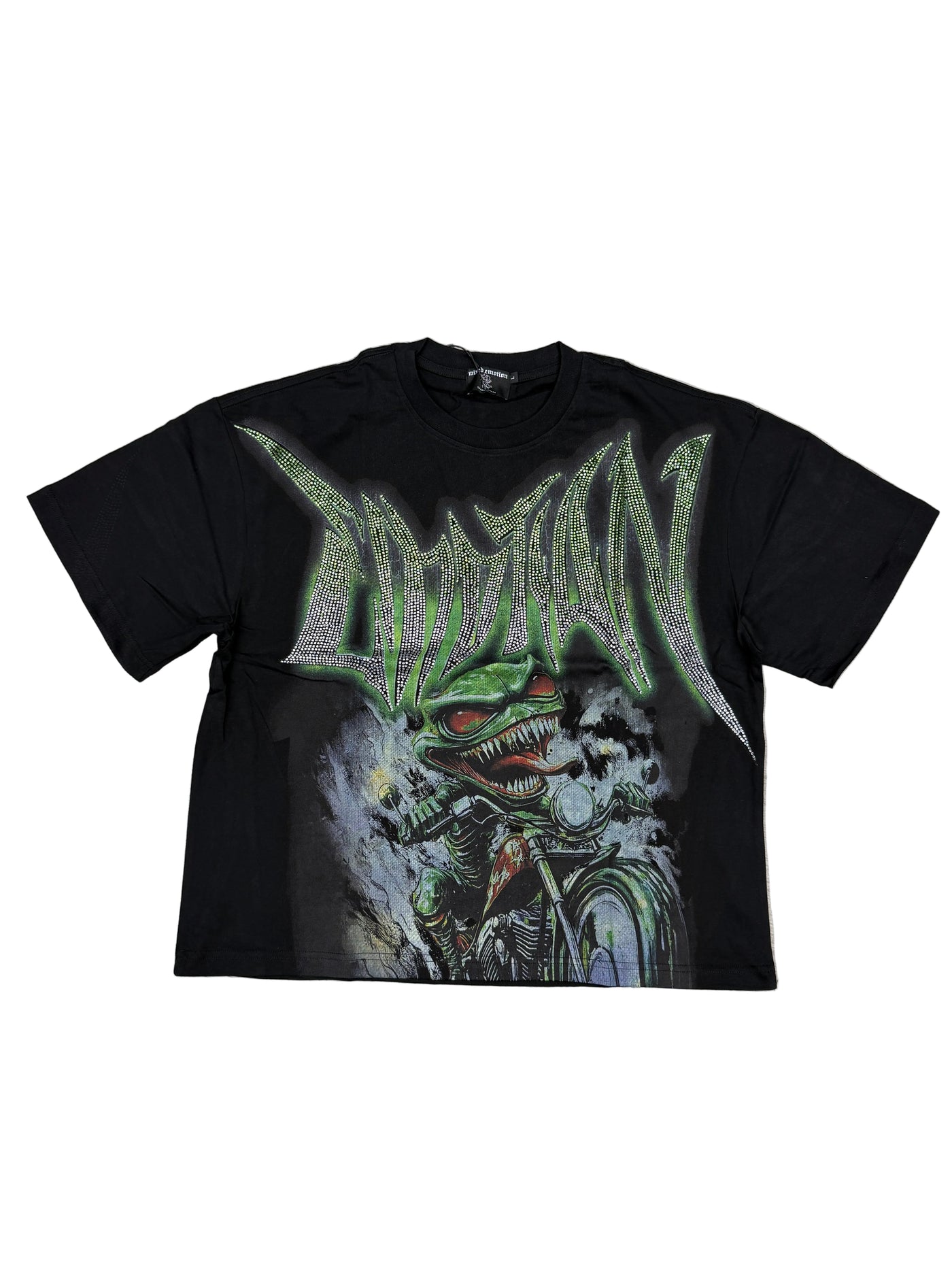 Mixed Emotion'Goblin' Rhineston Black & Green Tee