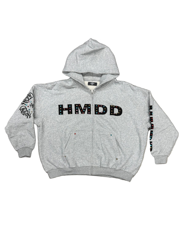 HMDD Rhinestone Zip Up Hoodie Grey