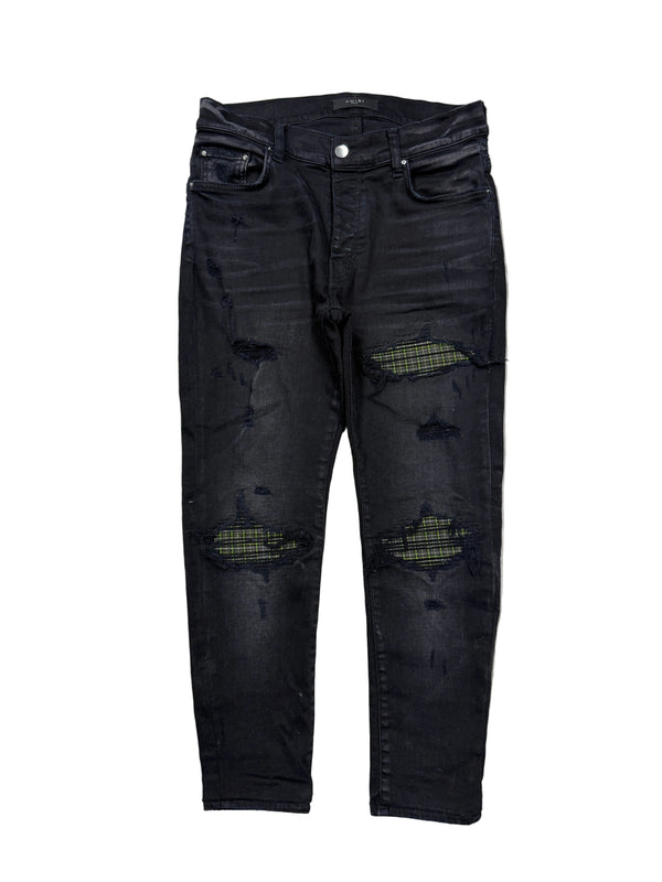 Amiri MX1 Neon Plaid Grid Patch Black Jeans (Tailored)