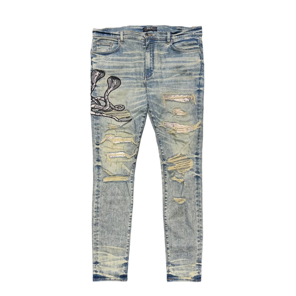 Amiri MX1 Appliquéd Faux Snake Panelled Distressed Jeans Dirty Indigo