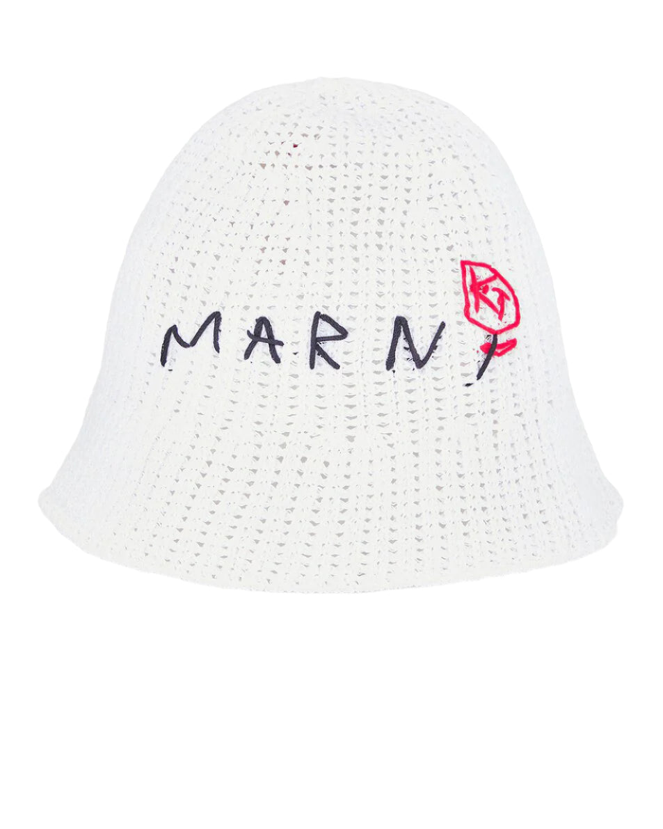 Marni Logo Cotton Crochet Gauge Hat Lily White