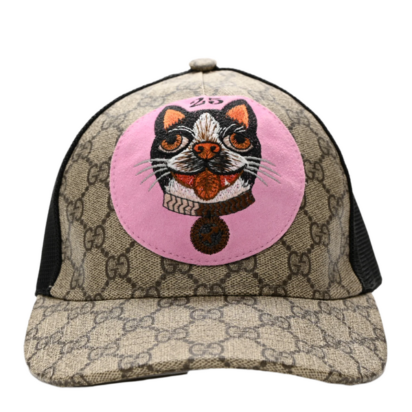 Gucci GG Supreme Monogram Mystic Cat Print Baseball Hat Beige Pink Black