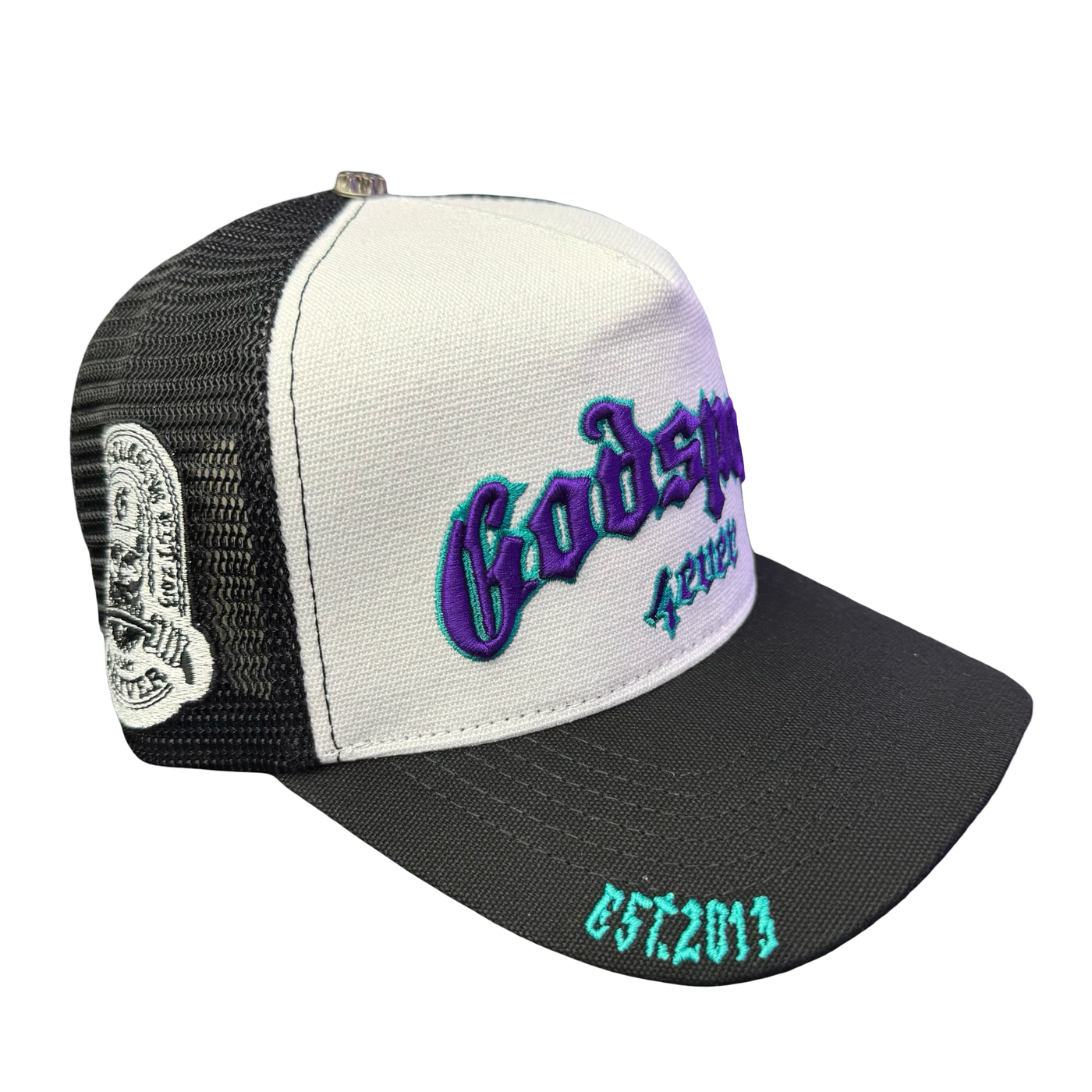 Godspeed Forever Trucker Boom Trucker Hat Teal & Purple
