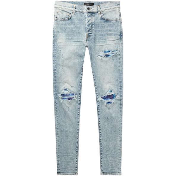Amiri MX1 Stone Indigo Light Wash Jeans Tie Dye Purple Blue Patch