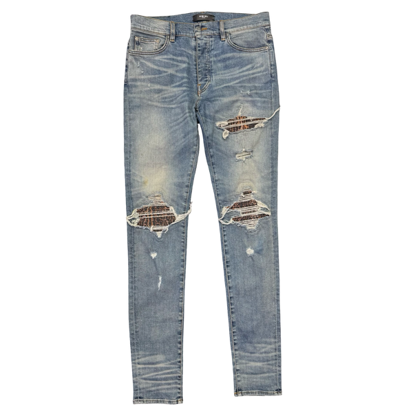Amiri Tie Dye Patch Distressed Jeans Indigo