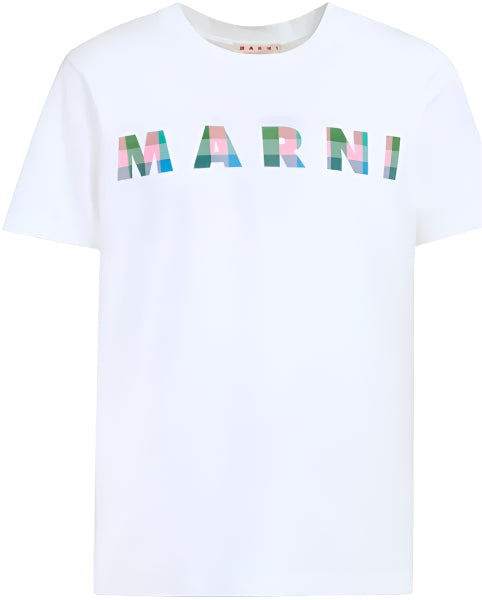 Marni Gingham Logo Print Cotton T-Shirt White